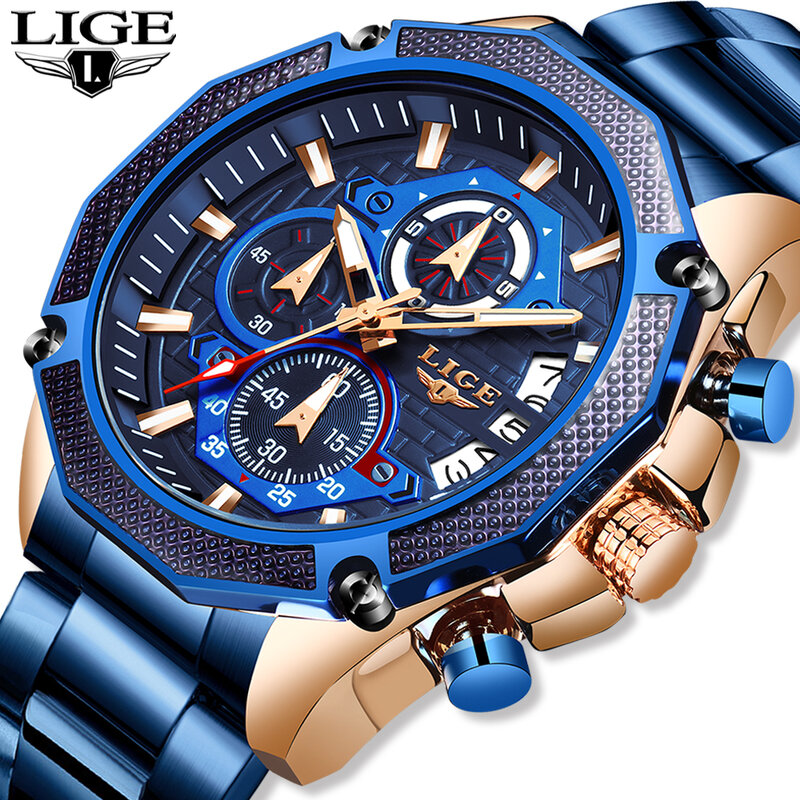 LIGE 2019 nowych moda męskie zegarki ze stali nierdzewnej Top marka luksusowe sport zegarek chronograf kwarcowy mężczyźni Relogio Masculino