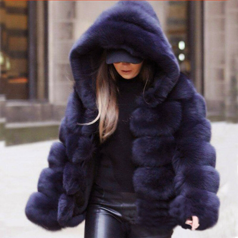 Abrigo de piel sintética con capucha para mujer, abrigo cálido de invierno, de zorro artificial, mullido
