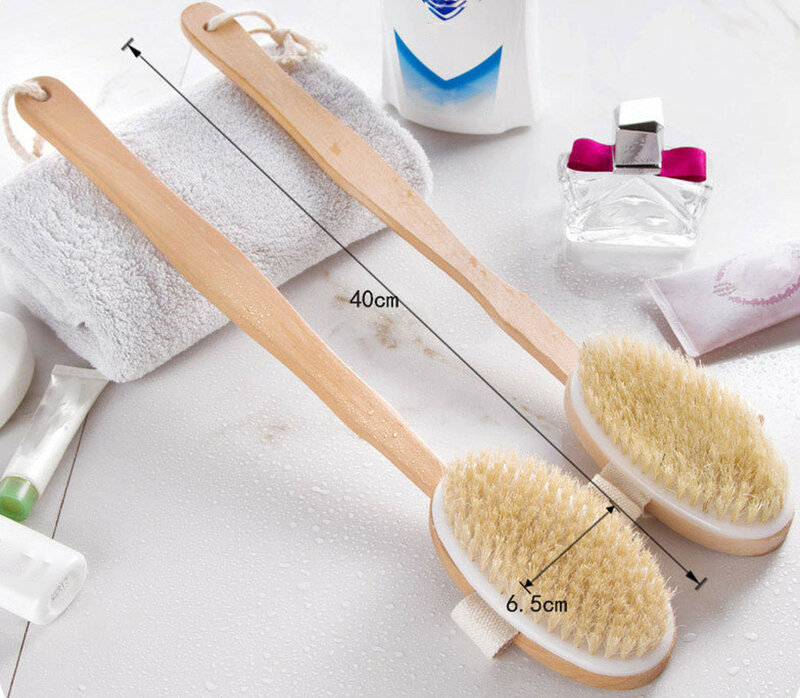 Escovas do corpo do banheiro longo lidar com banho natural cerdas escovas esfoliante massageador com punho de madeira escova seca ferramenta de chuveiro