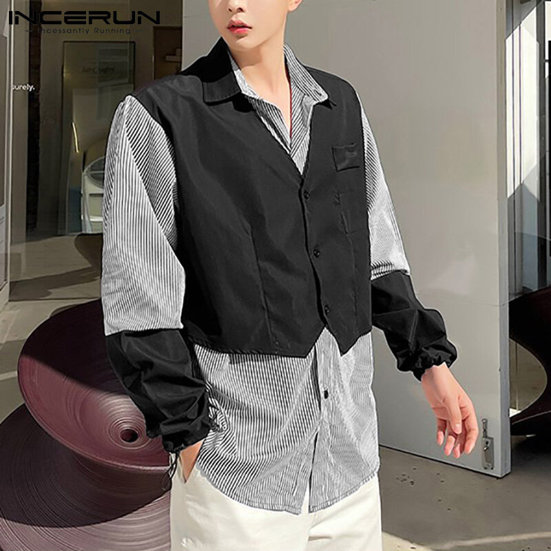 Incerun blusa de manga longa masculina, camiseta casual sexy de outono 2021 com botão de retalhos e alças, moda urbana