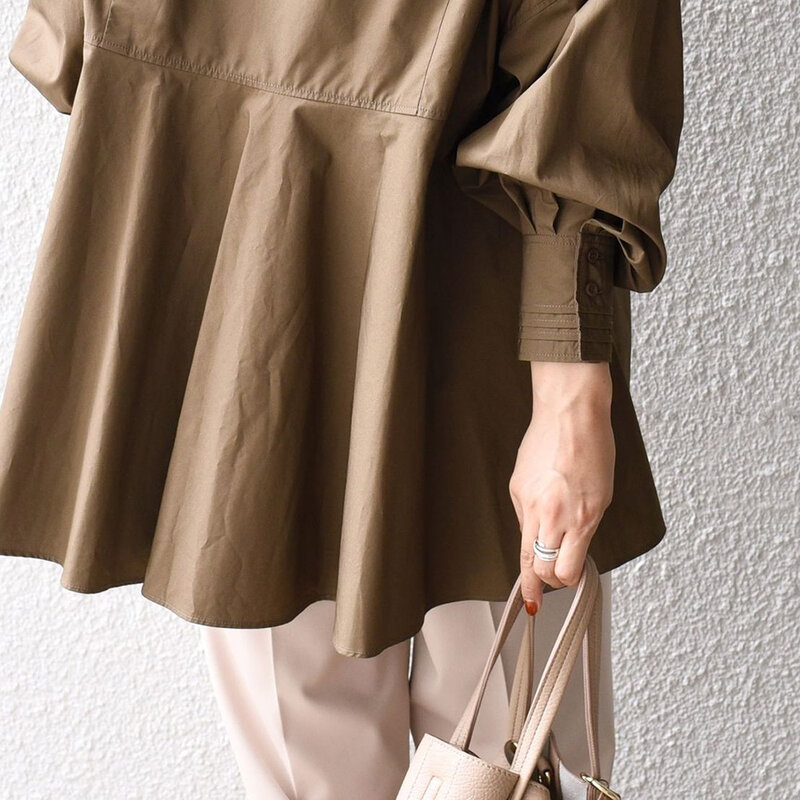 Thời Trang Phụ Nữ Áo Kiểu 2021 Vòng Cổ Trung Dài Rời Áo Thun Chui Đầu Phong Cách Nhật Bản Xếp Ly Công Sở Blusas Elegantes