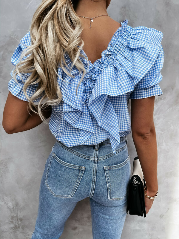 Женская клетчатая блузка с оборками, Повседневная рубашка с коротким рукавом, уличная одежда, лето 2021
