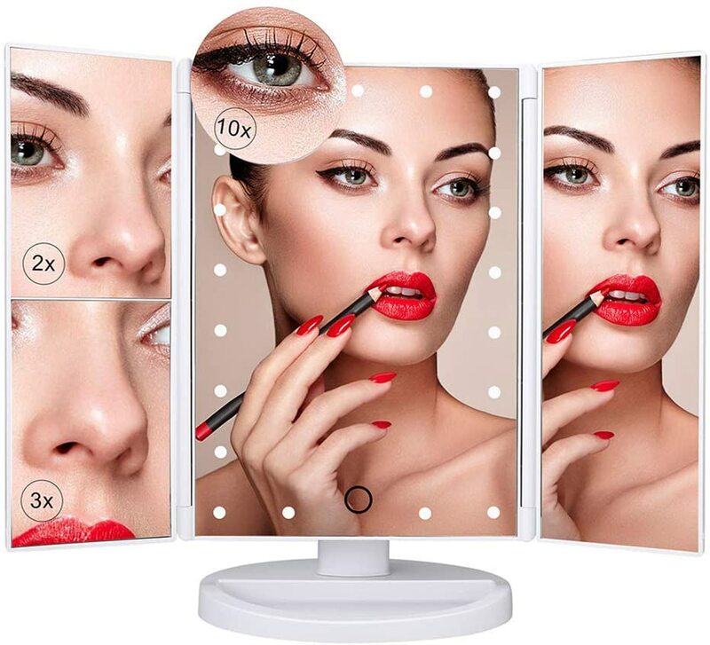 Espejo LED para tocador, espejo de belleza con 22 luces de aumento, 3 lámparas, pantalla táctil, cosmética, 10x