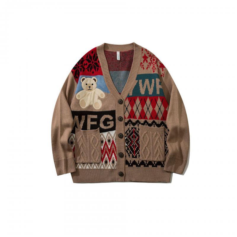 Мужской и женский свитер в стиле ретро, Свободный вязаный кардиган с V-образным вырезом и милым медведем, в этническом стиле, Осень-зима 2021