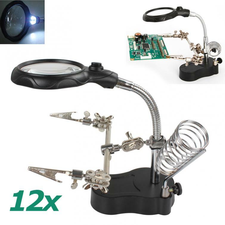 Lupa ajustable de 3,5x 12X con Clip de mano, lente de lupa de escritorio, lámpara de mesa, soporte de hierro para soldadura
