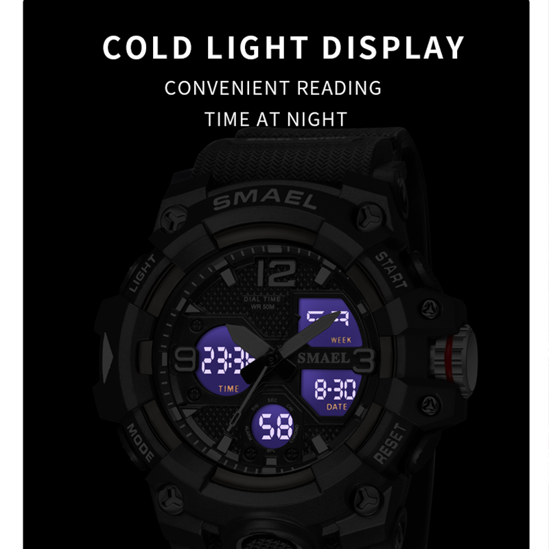 Montre de Sport militaire à Quartz pour hommes, horloge, chronomètre, rétro-éclairage, double affichage de l'heure, étanche, LED Dgital
