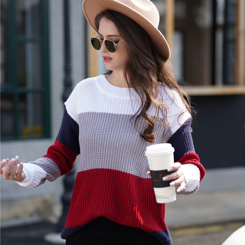 Women Sweater Rainbow Stripes Knitted Round Neck Casual Streetwear Sweater For Ladies