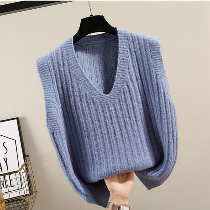 2021 Korean Pullover V-neck Knitted Vest Solid Sleeveless Sweater Spring Autumn Loose Waistcoat