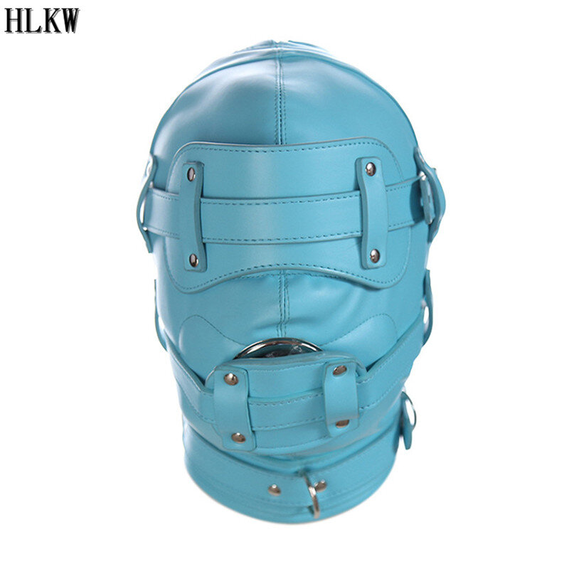 Leather Total Lockdown Leather Hood Mask,Three Holes for Eyes and Mouth,Silicone Penis Gag,Sex Bondage Mask,Adult Sex Toys