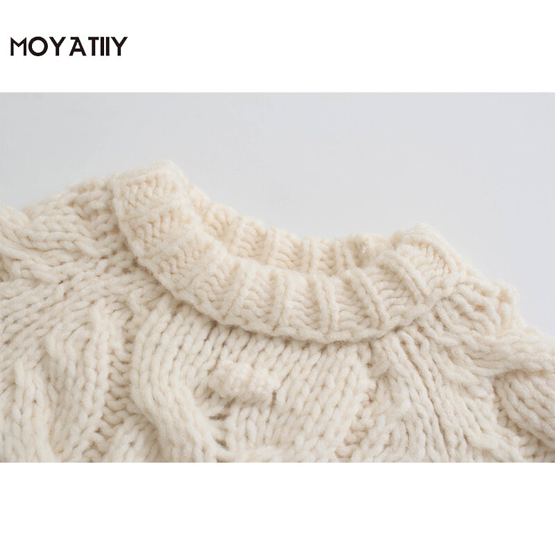 Moyatiy – pull torsadé à manches longues et col rond pour femme, chandail Vintage, surdimensionné, Beige, fait à la main, à la mode, hiver, 2022