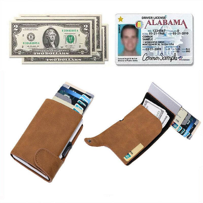 Bycofecy-Carteira de couro PU vintage com caixa de metal, titular do cartão de crédito RFID, mini bolsa de dinheiro inteligente, bolsa pura unissex, 2023