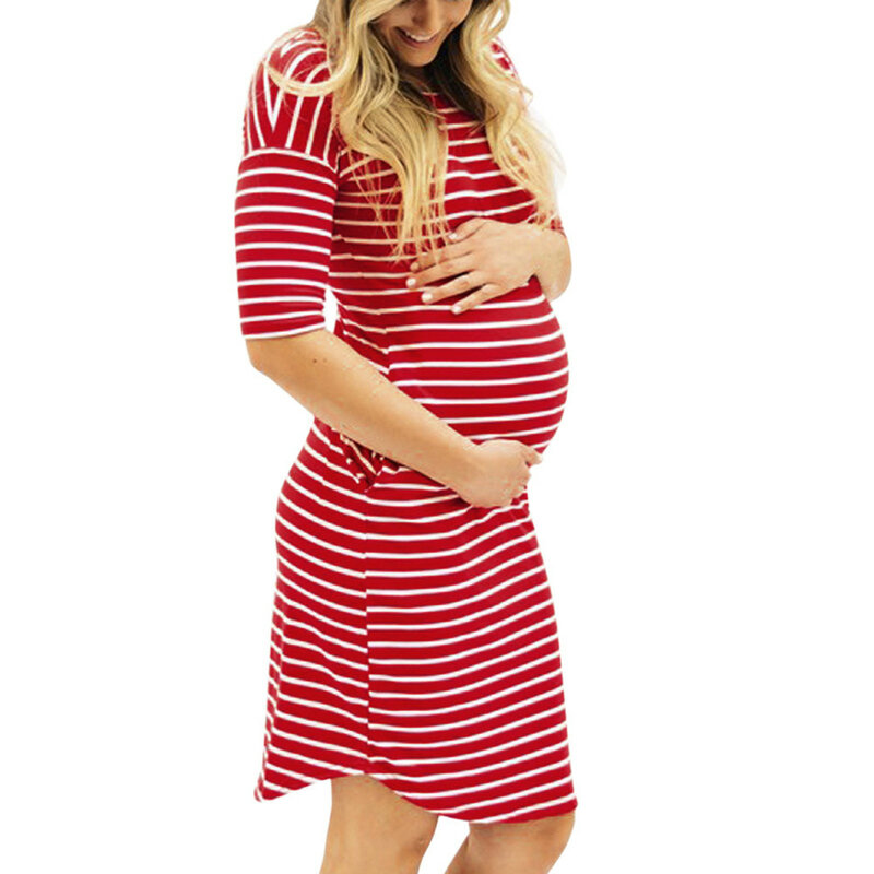 Mulheres grávidas roupas de maternidade moda das mulheres grávidas o-pescoço listra manga curta enfermagem vestido de maternidade
