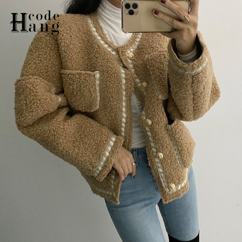 HangCode nowy 2021 jesienne zimowe kurtki damskie koreański moda sztuczna wełna jagnięca płaszcz nieformalne okrycie wierzchnie kurtka z kieszeniami