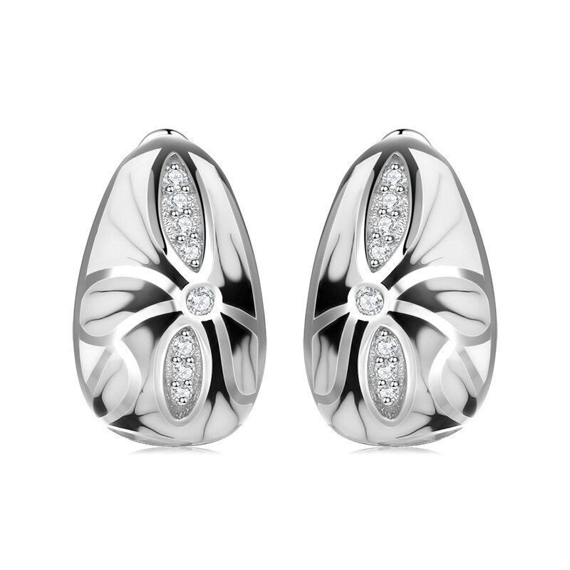 Mode 925 Silber Chinesischen stil schwarz und weiß tinte malerei Blumen CZ Handmade Emaille Ohrringe für Frauen Original Schmuck