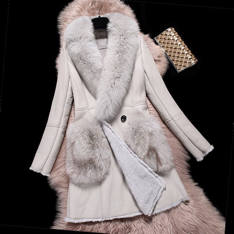 Jaqueta de couro genuíno com pele de raposa, jaqueta elegante com gola alta