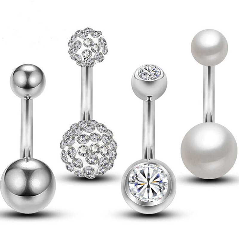 4Pcs Stainless steel Belly Button Rings Pearl Crystal Two Balls Navel Piercing Body Jewelry 14G