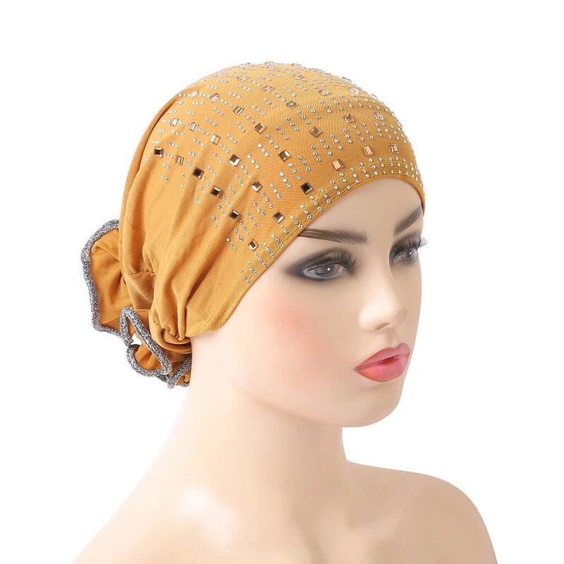 H008คุณภาพสูงหมวกมุสลิมกับ Rhinestones ดึงอิสลามผ้าพันคอกับดอกไม้ด้านหลัง Turban Hijab Bonnet ด้านในหมวก