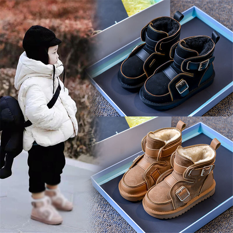 2021 Winter Warm Cotton Shoes Girls Zipper Big Cotton Children Boys' Motorcycle Leather Snow Boots