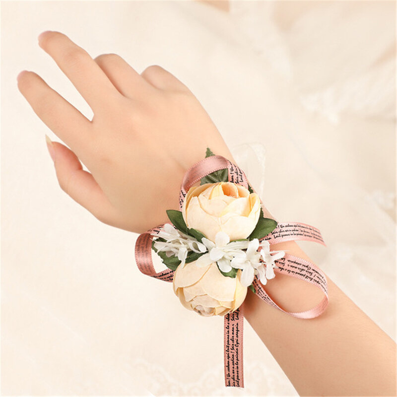 Fleur de poignet de demoiselle d'honneur, fleur de main, double tête de fleur, simulation de décoration de poignet, fleur de mariée