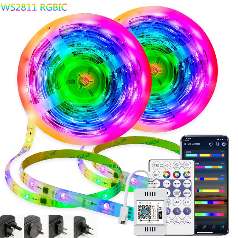 Lampu Strip LED RGBIC Dream Color WS2811 Kabel Kontrol Aplikasi Pintar 5050 Pita Fleksibel 30M 20M Hadiah Lampu Efek Seperti Pelangi