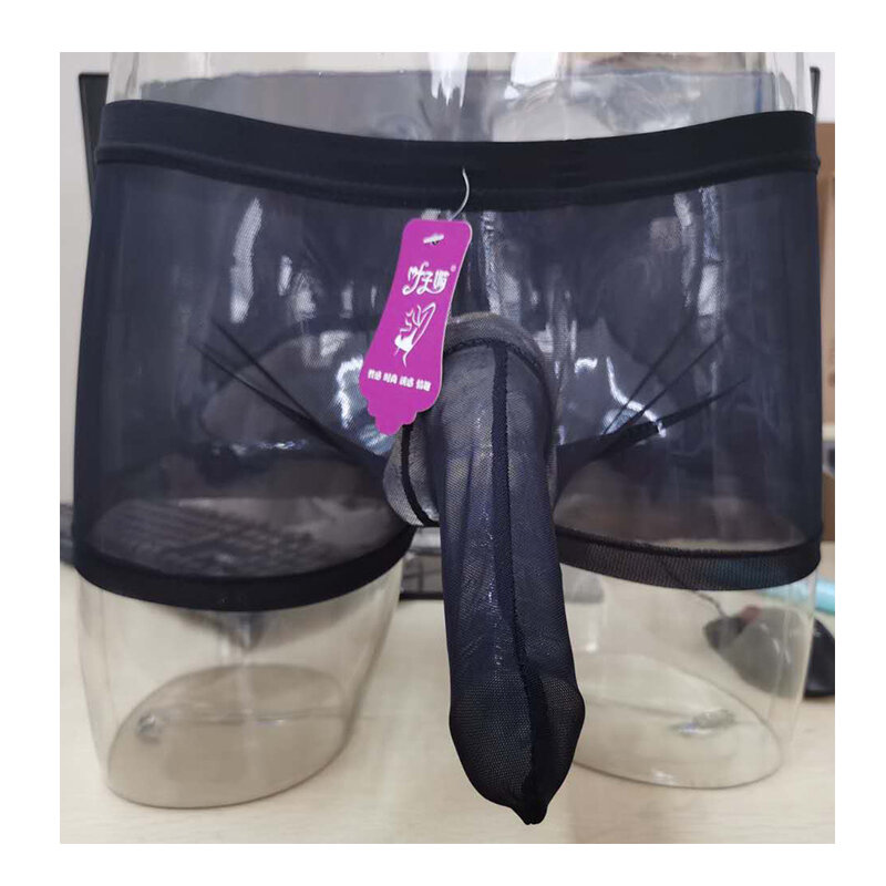 Novo cueca boxer sensual de seda para homens, lingerie transparente com bainha de malha para erótico