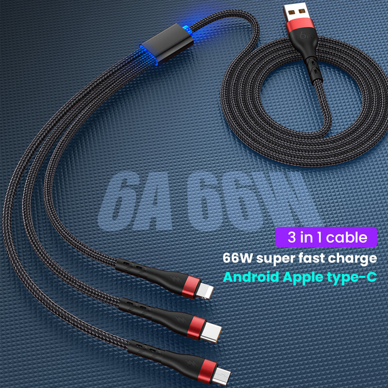6A 3in1 USB Kabel Schnelle Ladegerät Ladekabel Für iPhone 14 13 12 Pro max Typ C Xiaomi 11 Huawei p40 Samsung S20 Ladegerät Kabel