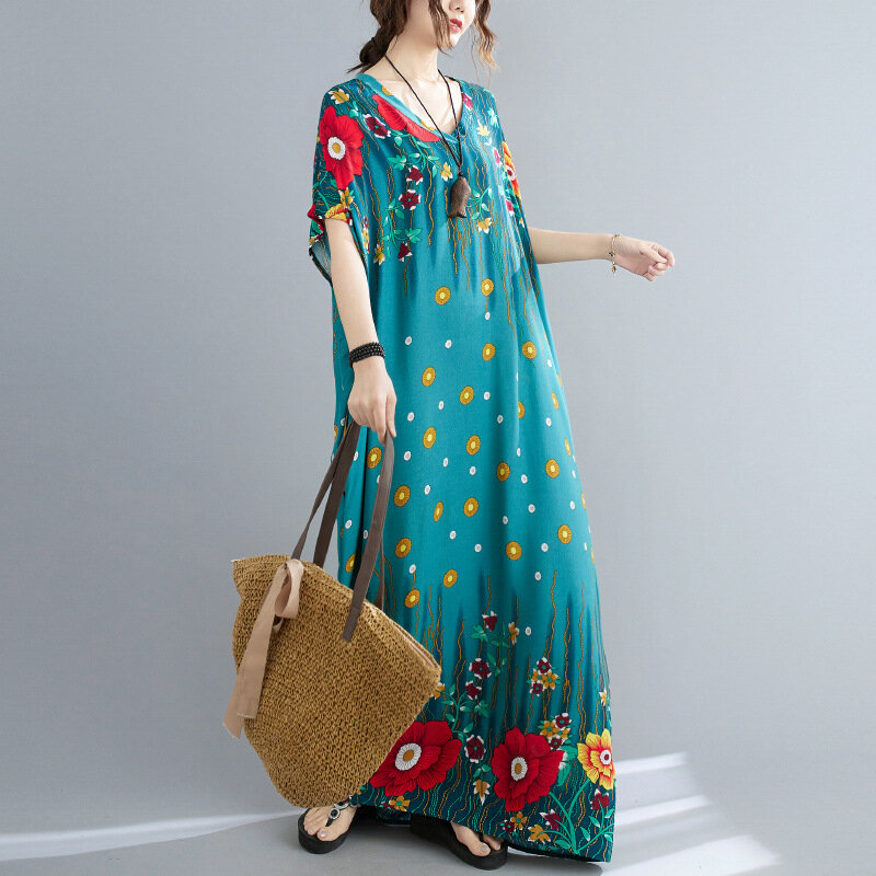 Vestido largo holgado informal con flores para verano, minivestido Vintage con escote en V para mujer, estilo bohemio, K1399