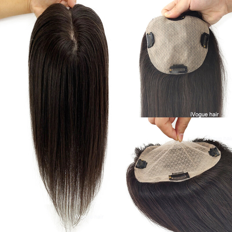 15x16 CM Brazilian Straight Human Hair Topper 4 Clips in perimeter Silk Top Hair Pieces for Women Breathable Silk Top Base