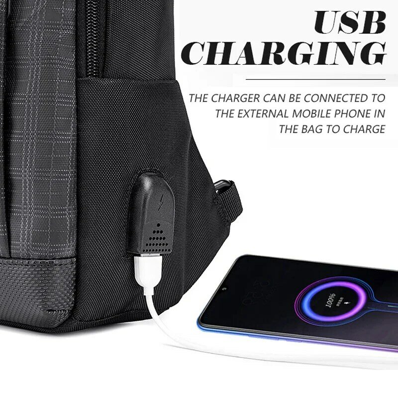GOLOEN WOLF mężczyźni kradzież torba na klatkę piersiową biznes podróż etui na telefon torba męska USB Charge Crossbody pojedyncze torby dla człowieka wzór w kratę