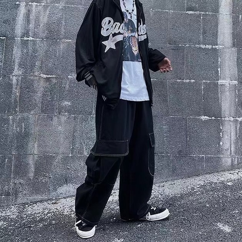 HOUZHOU 블랙 카고 바지 남성용 바지 와이드 레그 팬츠 남성 가을 남성 카고 바지 Japanese Streetwear 힙합 하라주쿠