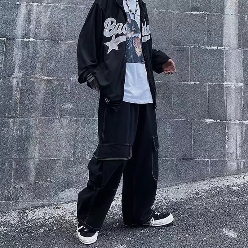 HOUZHOU Schwarz Cargo Hosen für Männer Baggy Breites Bein Hose Männlichen Herbst herren Cargo Hose Japanischen Street Hip Hop harajuku