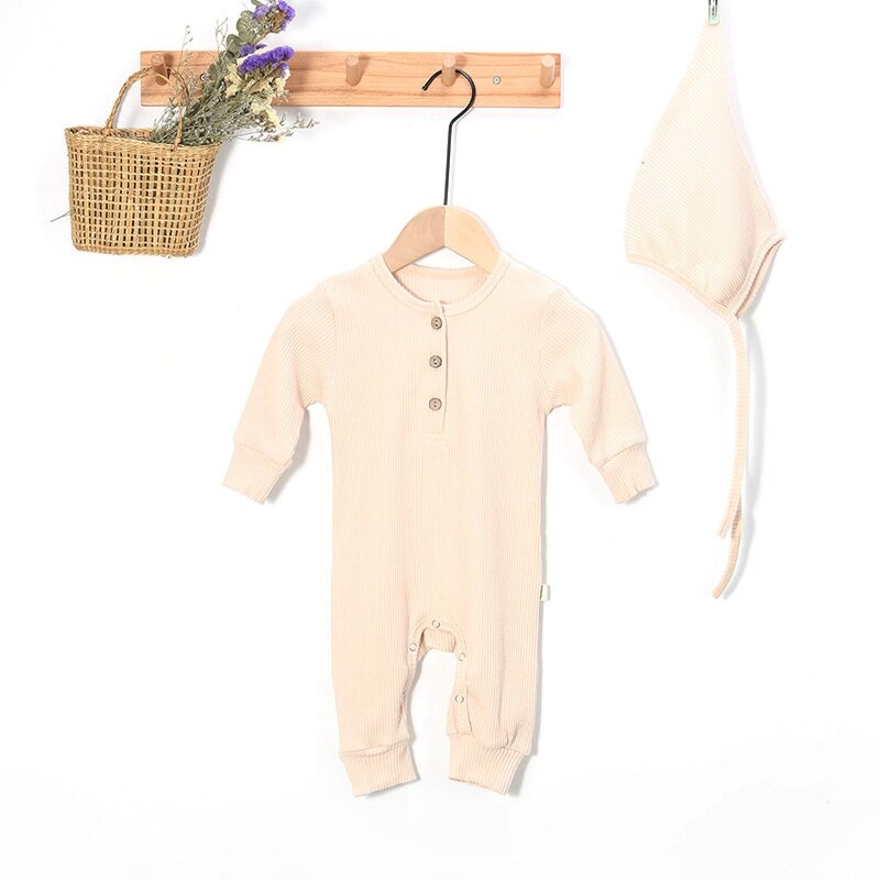 Vêtements d'automne pour bébés garçons et filles de 0 à 24 mois, barboteuse solide à boutons, combinaison à manches longues, chapeau, tenue 2 pièces