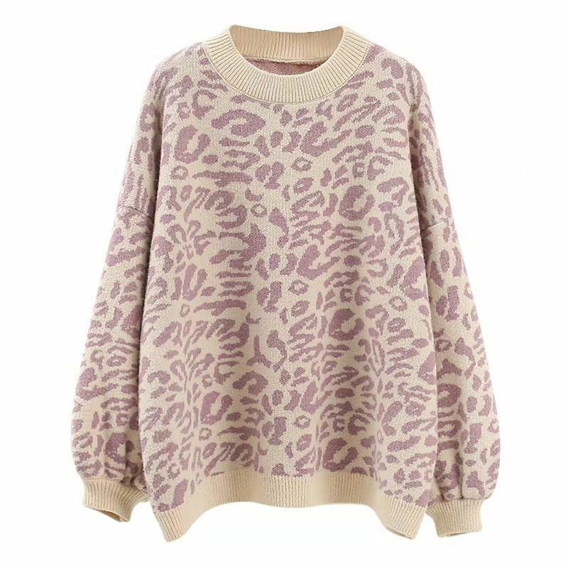 Deeptown-suéter de punto con estampado de leopardo para mujer, jersey de gran tamaño con cuello redondo, tejido de Jacquard, moda informal, Otoño e Invierno