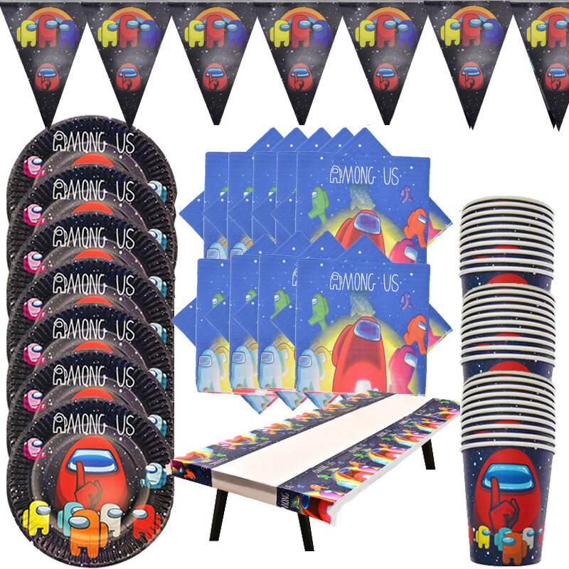 New Among of Us Game Theme Party Supplies Disposable Tableware Set  wristband Badge Straw Balloon Birthday Kid Favorite Decorati