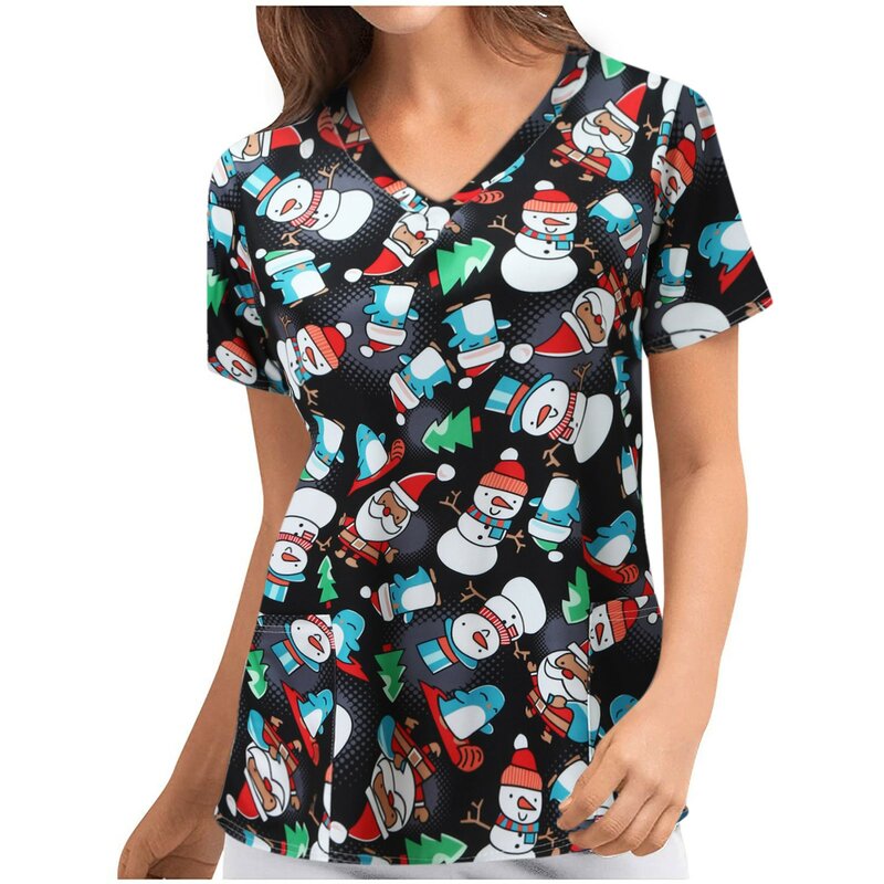 인쇄 된 여성 간호 수술 용 탑 T 셔츠 캐주얼 간호사 튜닉 유니폼 클리닉 티 v 넥 포켓 보호용 여성 의류 탑스