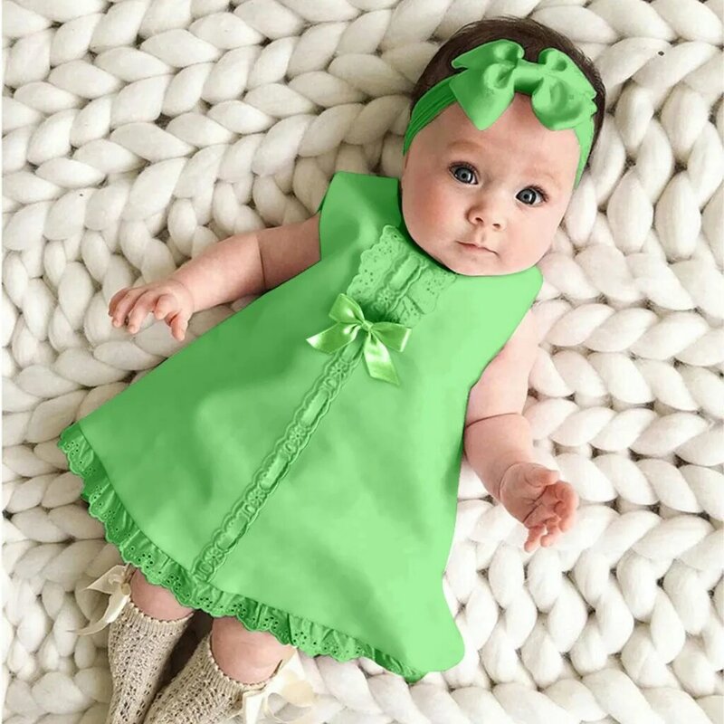 Pasgeboren Baby Meisje Jurk Mouwloze Casual Maxi Boog Jurk + Hoofdband Set Outfit Strik Ruffle Rode Kleding Baby Zomer Jurk