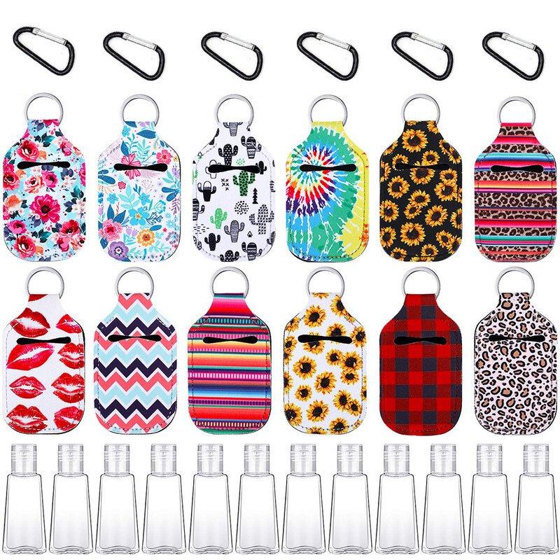 1Set 30ml Refillable Bottles Travel Hand Sanitizer Bottles Cosmetic Container with Keychain Holder with Bottle Cover