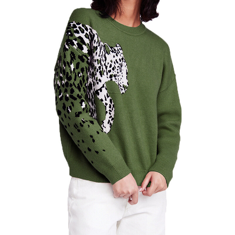 Sweter Rajutan Cetakan Wanita Pullover Besar Kepala Macan Tutul Sweater Panjang Longgar Musim Dingin Wanita Pakaian Jalanan Sueter Mujer