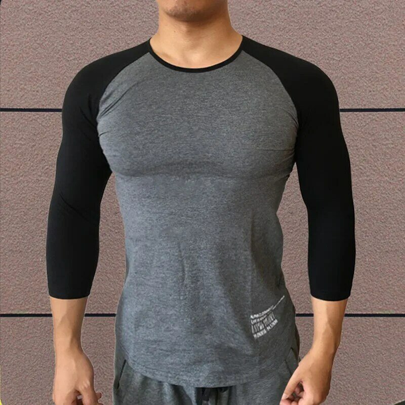 Men's T-shirt Long Sleeve 3/4 Sleeve Three Quarter Patchwork Shirt Cotton Bodybuilding Tshirt Workout Fitness Men Clothing