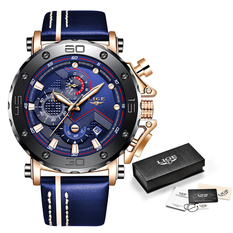 LIGE นาฬิกาหนังแท้ผู้ชายกันน้ำนาฬิกาข้อมือควอตซ์สำหรับชาย Top ยี่ห้อ Luxury Sport Chronograph นาฬิกา + กล่อง