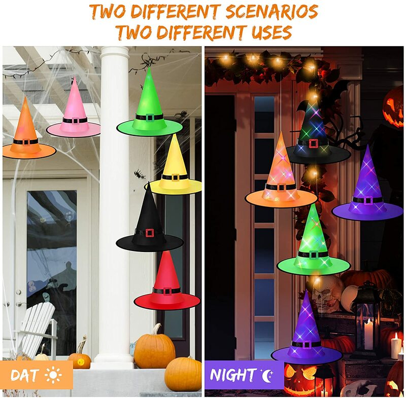 Sombrero de bruja iluminado con colgante para Halloween, decoraciones para Halloween, luces para el gorro, colgante con batería