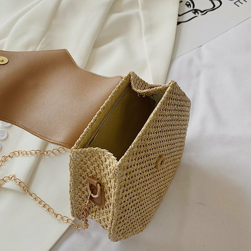 Olsitti bolsa de palha + bolsa de couro feminina, feita a mão, estilo palha e rattan, bolsa de ombro estilo boêmio, para praia