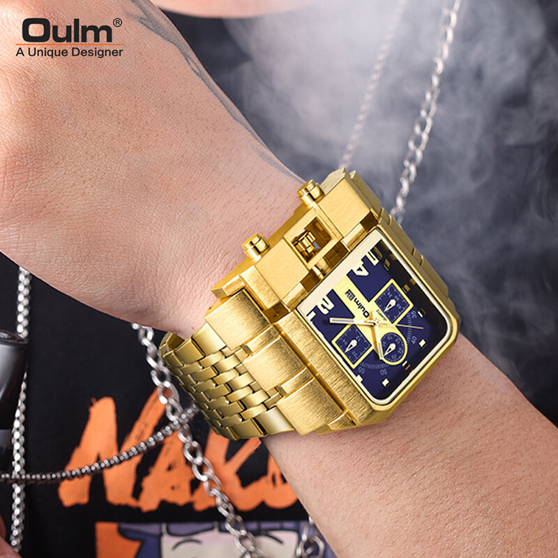 Oulm สีทองขนาดใหญ่ Hardlex กระจกนาฬิกาผู้ชายควอตซ์ผู้ชายนาฬิกาข้อมือ