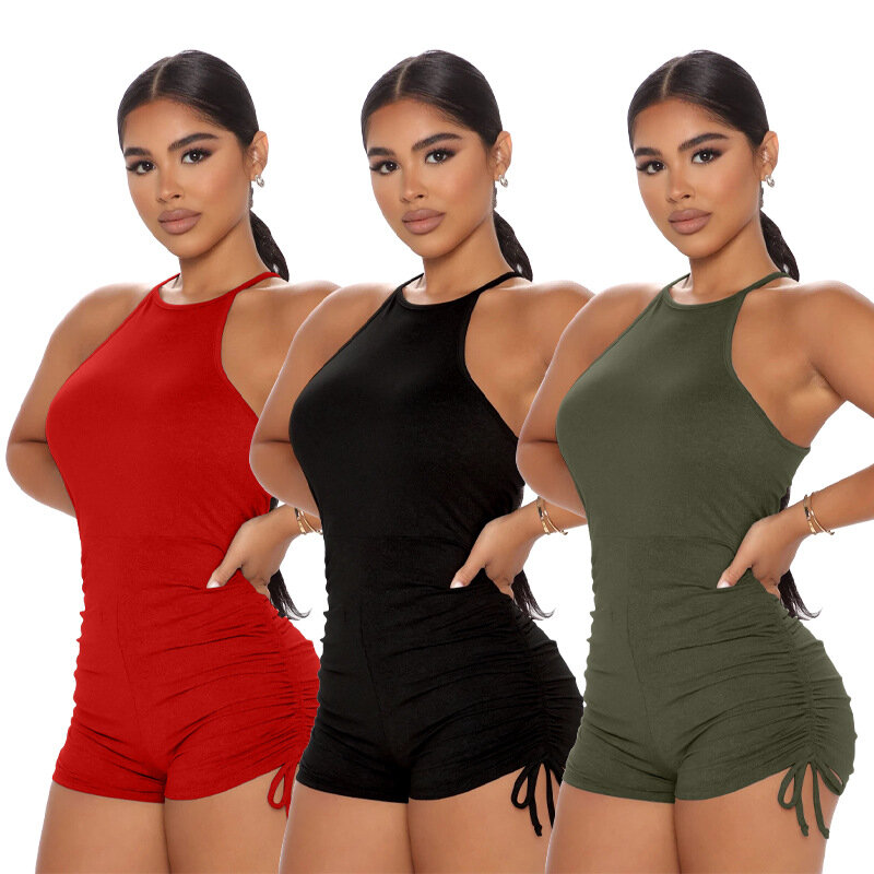 Off Shouler Fitness Women Playsuit Halter Sleeveless Side Bandage Pleated Biker Playsuit Night Club Party Rompers Casual Outfits