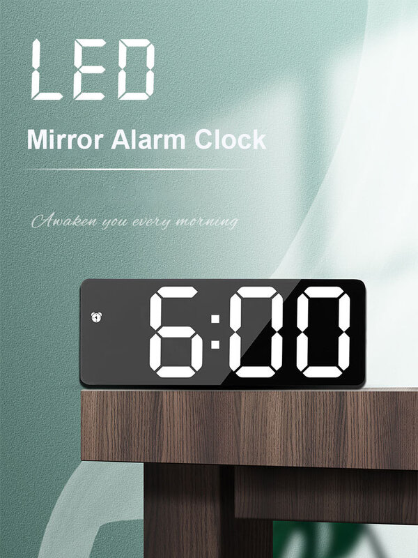 นาฬิกาปลุกดิจิตอล LED กระจกนาฬิกาปลุก Snooze ฟังก์ชั่นสำหรับห้องนั่งเล่นห้องนอนตารางนาฬิกาอิเล...