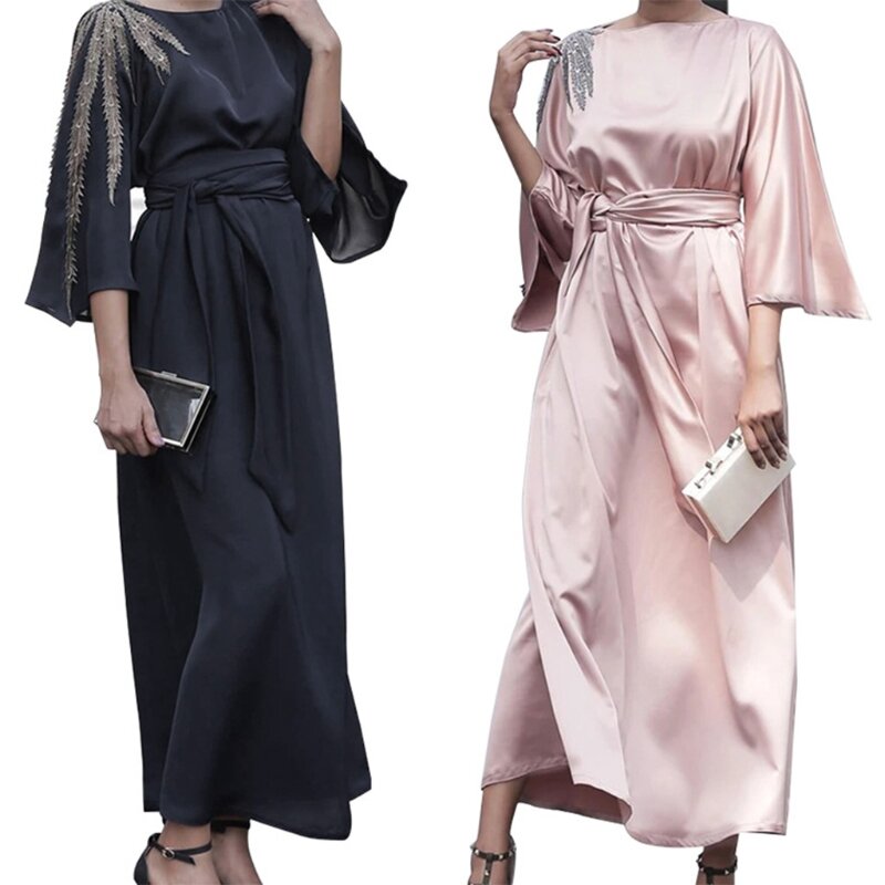 Frauen Muslimischen Flare Hülse Satin Maxi Kleid Stickerei Applique Dubai Robe Kaftan