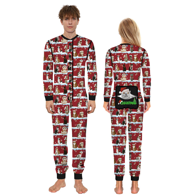 Couples Outfits Christmas Element Printing Pajamas Romper Open Snap Crotch Home Wear Teen Girls Jumpsuit Adult Nightgown Onesies