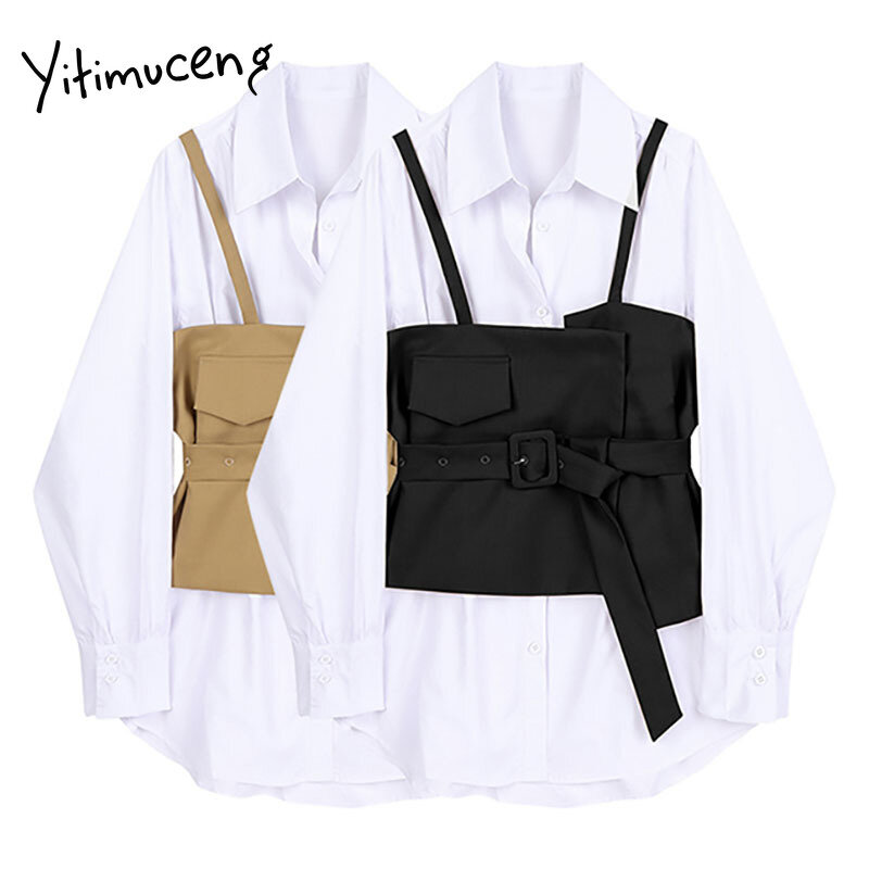 Yitimuceng 2 peças botão blusa feminina camisas soltas nova primavera 2021 moda coreano manga longa gola quadrada único breasted