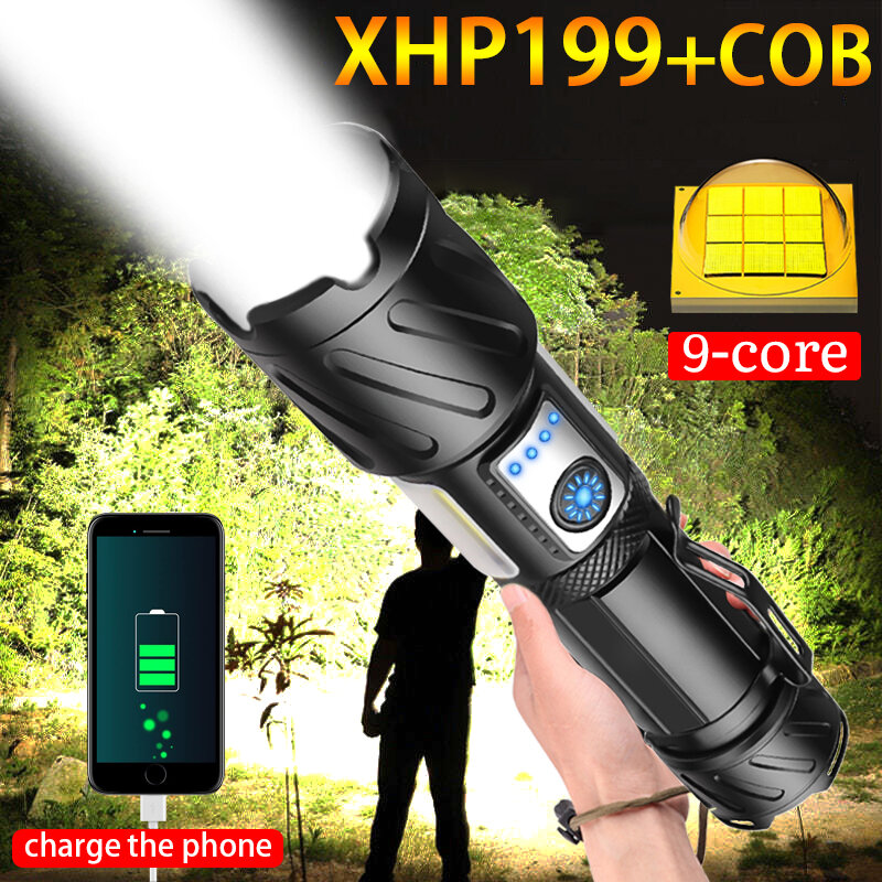 XHP199 мощный светодиодный фонарик, супер яркий фонарик, перезаряжаемый от USB, масштабируемый тактический фонарик с батареей 18650