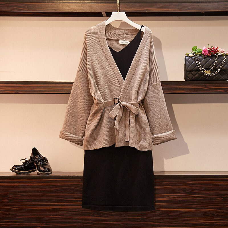 Duży rozmiar jesienno-zimowy nowy zachodni styl wyszczuplający garnitur Vintage rozpinany sweter z sukienka na ramiączkach dwuczęściowy komplet